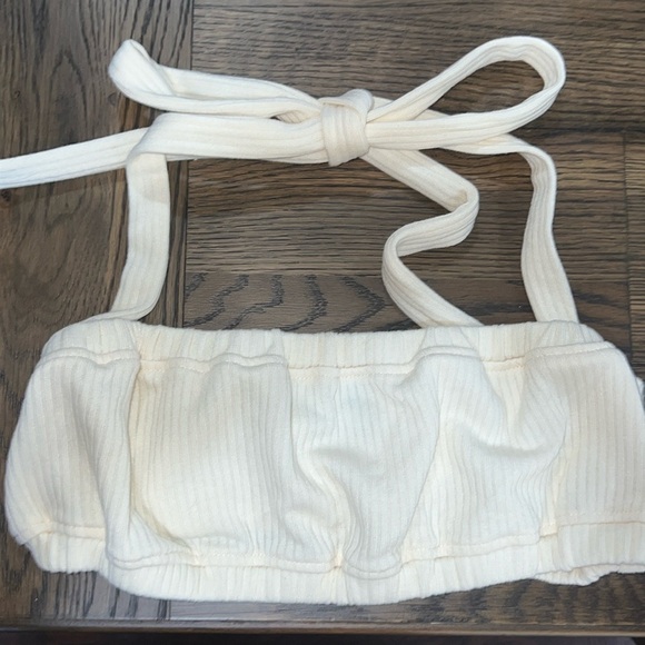 NWT WEWOREWHAT Halter Bra Top L Ivory Ribbed Soft Bralette Boho Festival Crop - Picture 2 of 7